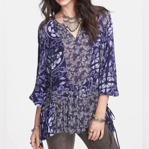 Free People Indigo Ratio Print Tunic Women’s Size S Combo Boho Oversized blouse